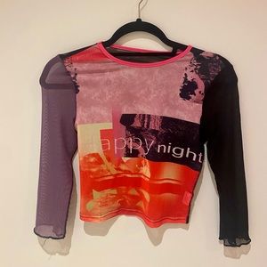 Happy Nights long-sleeve sheer crop top
